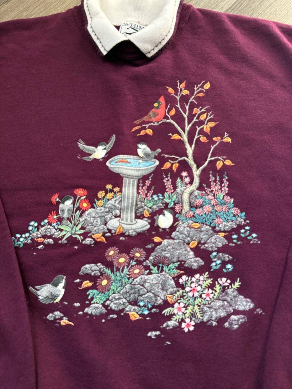 VTG JERZEES Grandma Bird Sweater Retro Cottage Core Burgundy White Size L - Picture 3 of 8